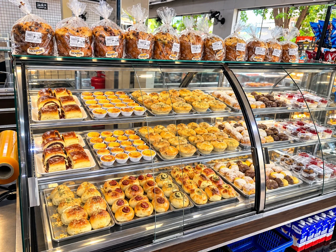 Vitrine real da Monpane com variedade de salgados assados e pães